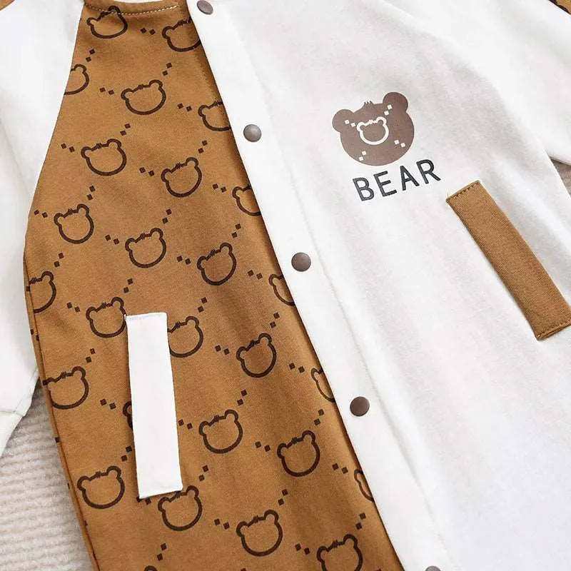 Cute Bear Print Cotton Bodysuit - Long Sleeve for Spring/Autumn