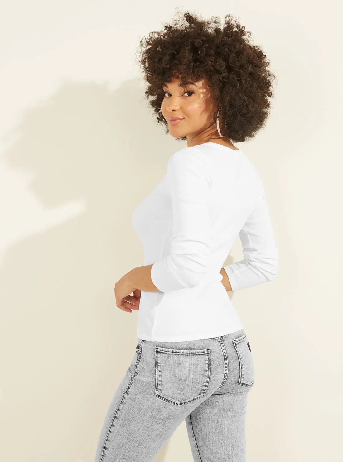 Eco White Rhinestone Logo Henley Top