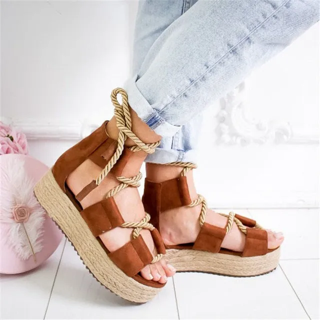Espadrilles Women Wedge 7CM Heel Pointed Fish Mouth Hemp Lace Up Platform Sandals