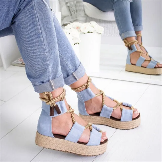 Espadrilles Women Wedge 7CM Heel Pointed Fish Mouth Hemp Lace Up Platform Sandals