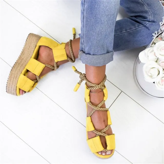 Espadrilles Women Wedge 7CM Heel Pointed Fish Mouth Hemp Lace Up Platform Sandals