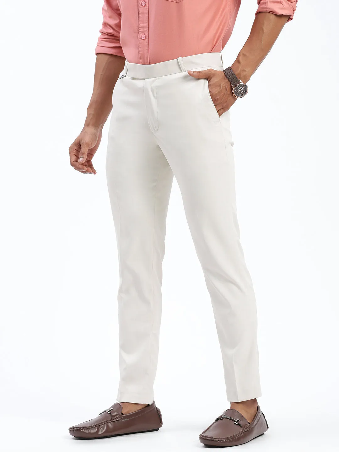 Men Cream Comfort Slim Fit Low-Rise Cotton Formal Trousers