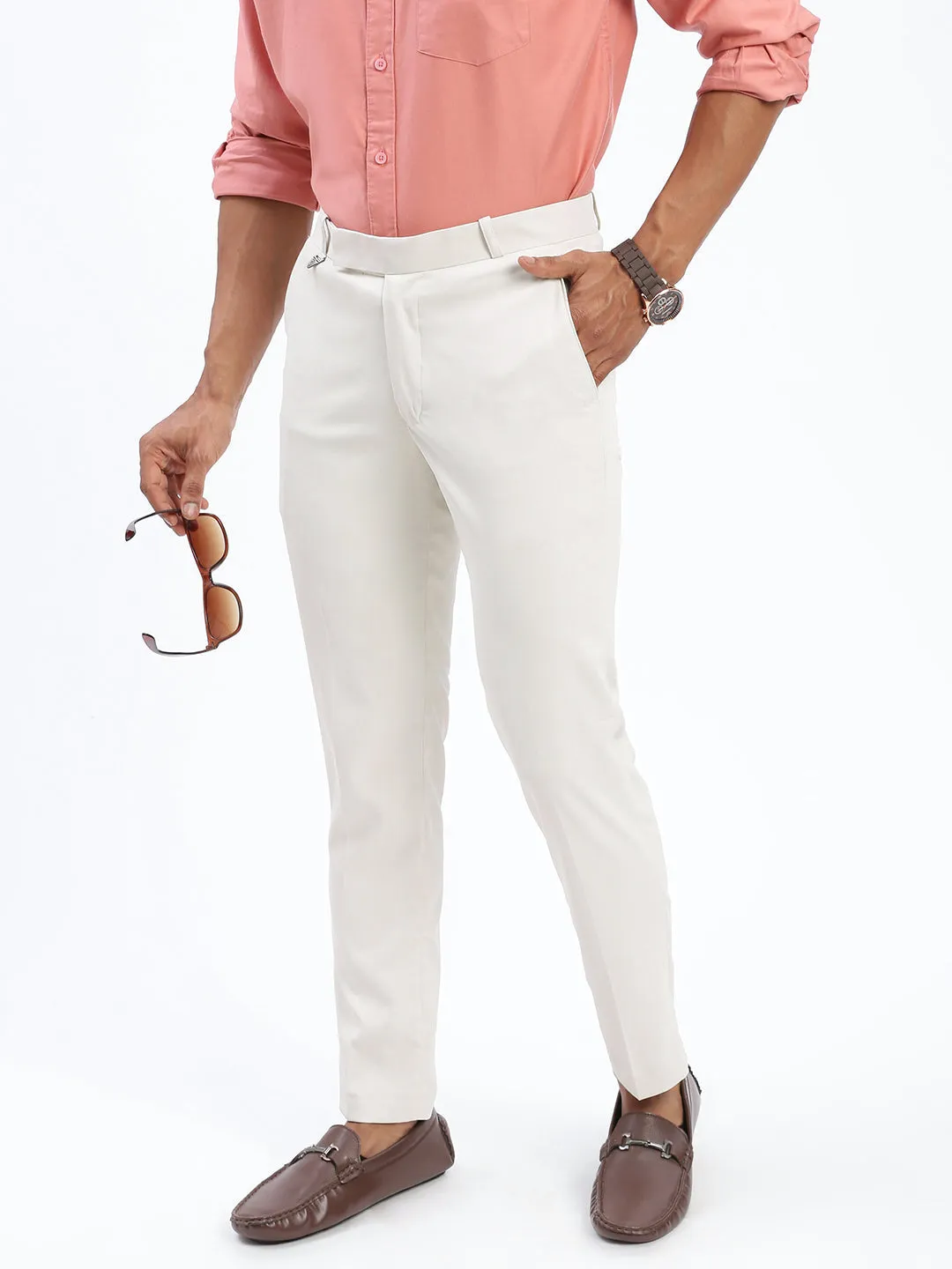 Men Cream Comfort Slim Fit Low-Rise Cotton Formal Trousers