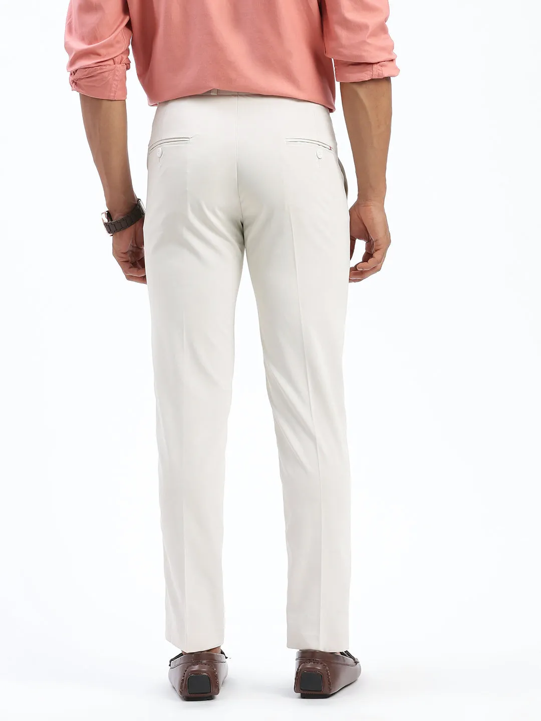 Men Cream Comfort Slim Fit Low-Rise Cotton Formal Trousers