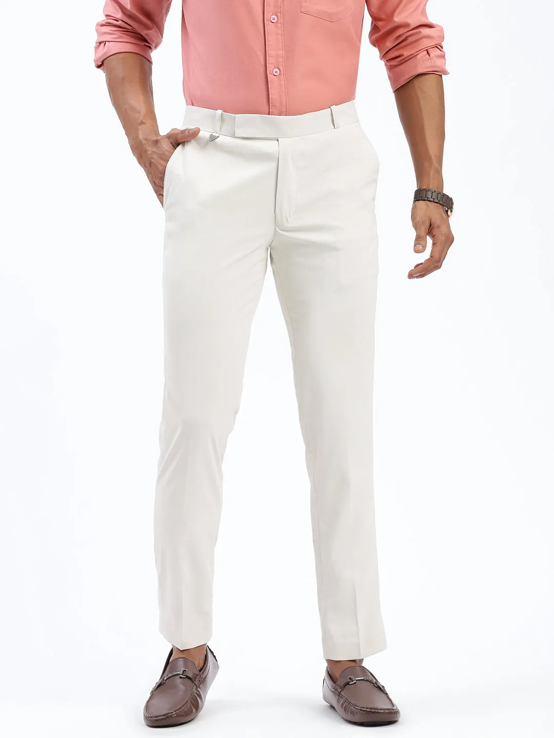 Men Cream Comfort Slim Fit Low-Rise Cotton Formal Trousers