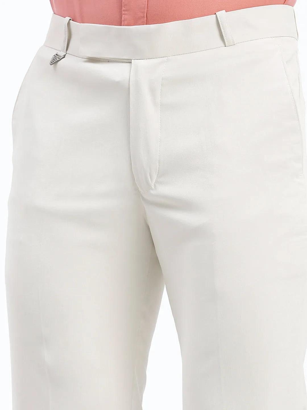 Men Cream Comfort Slim Fit Low-Rise Cotton Formal Trousers