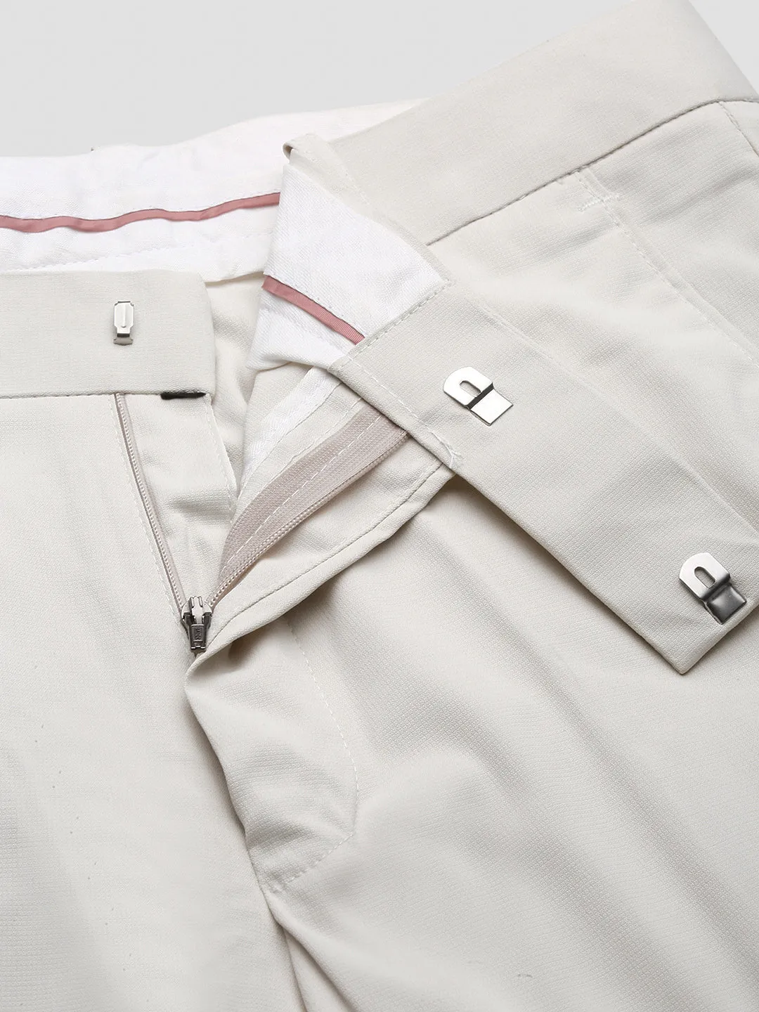 Men Cream Comfort Slim Fit Low-Rise Cotton Formal Trousers