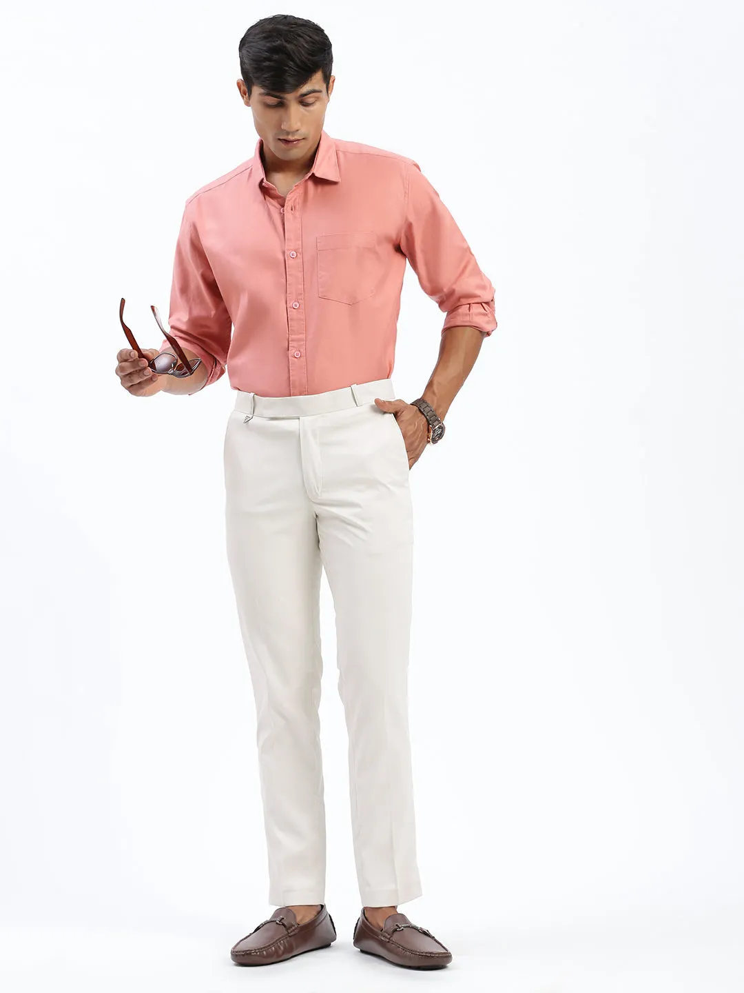 Men Cream Comfort Slim Fit Low-Rise Cotton Formal Trousers