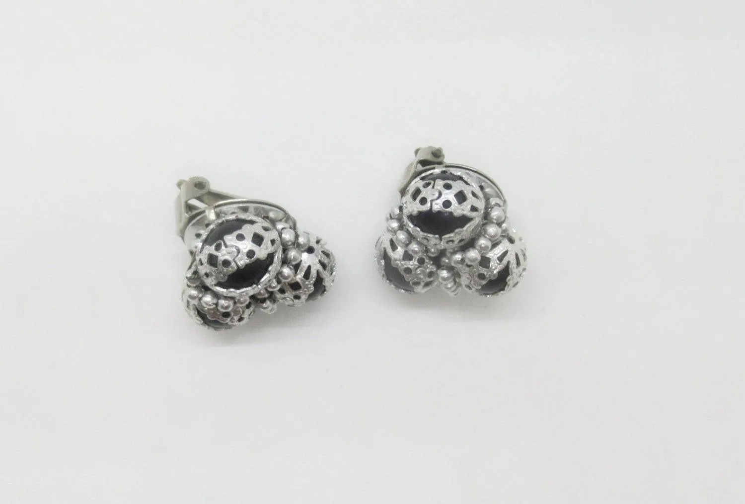 Silver Lace Over Black Beads Vintage Clip On Earrings