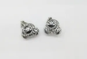 Silver Lace Over Black Beads Vintage Clip On Earrings