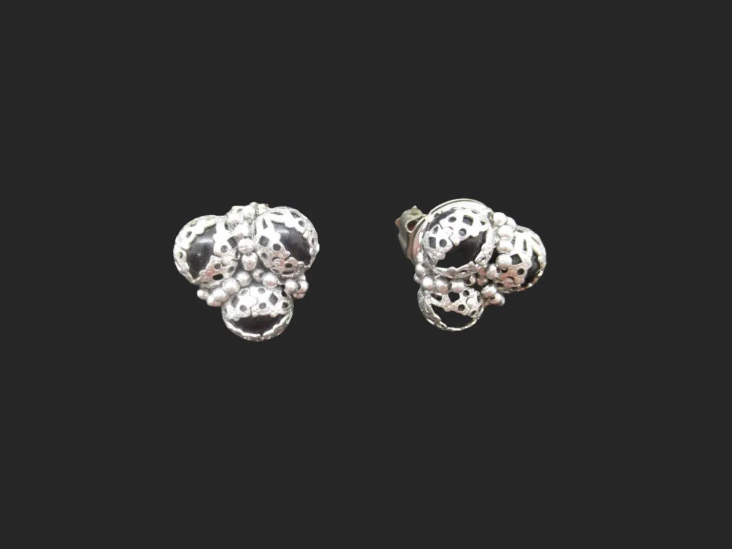 Silver Lace Over Black Beads Vintage Clip On Earrings