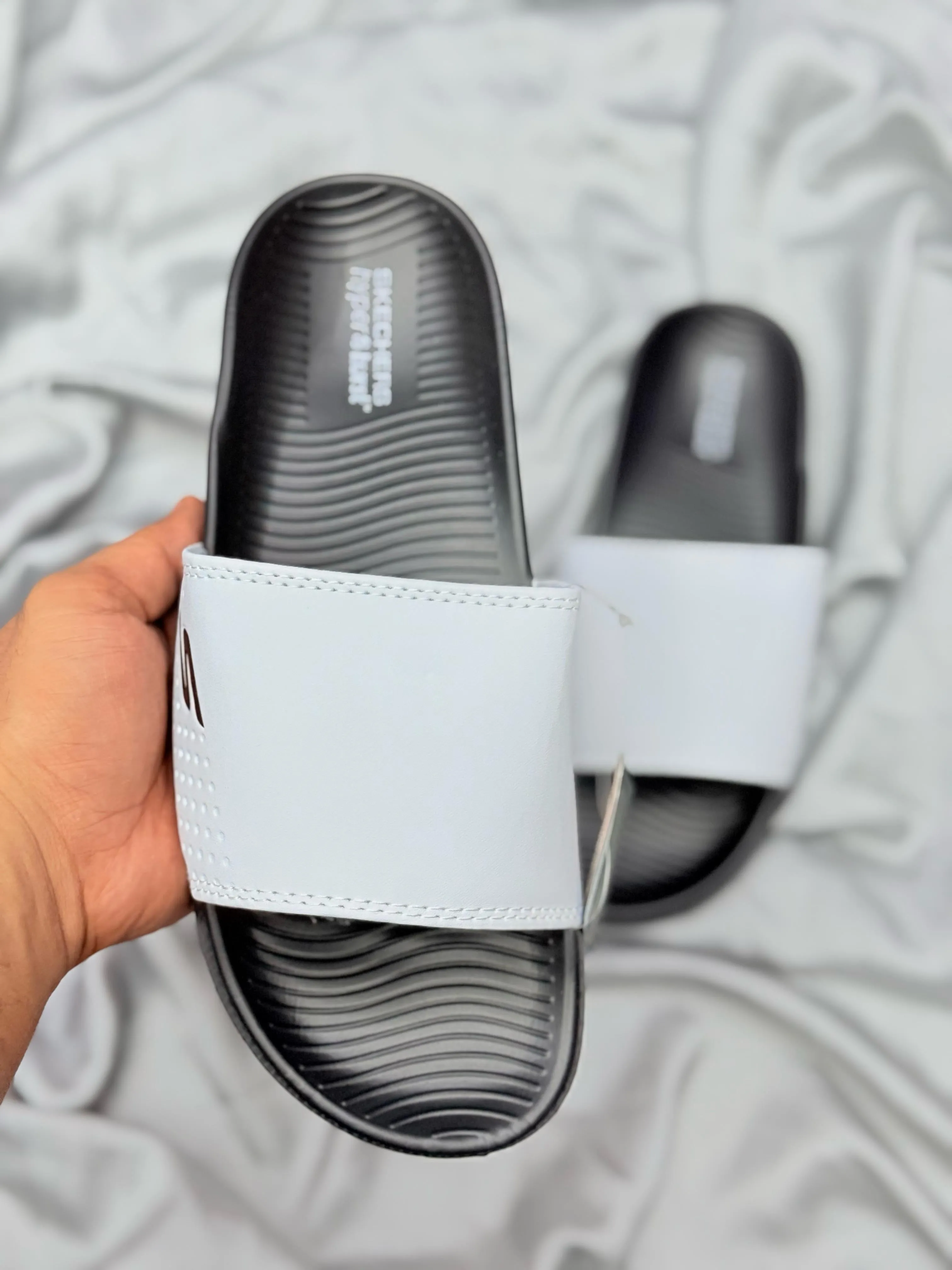 Skechers Premium Comfort Slides – White & Black