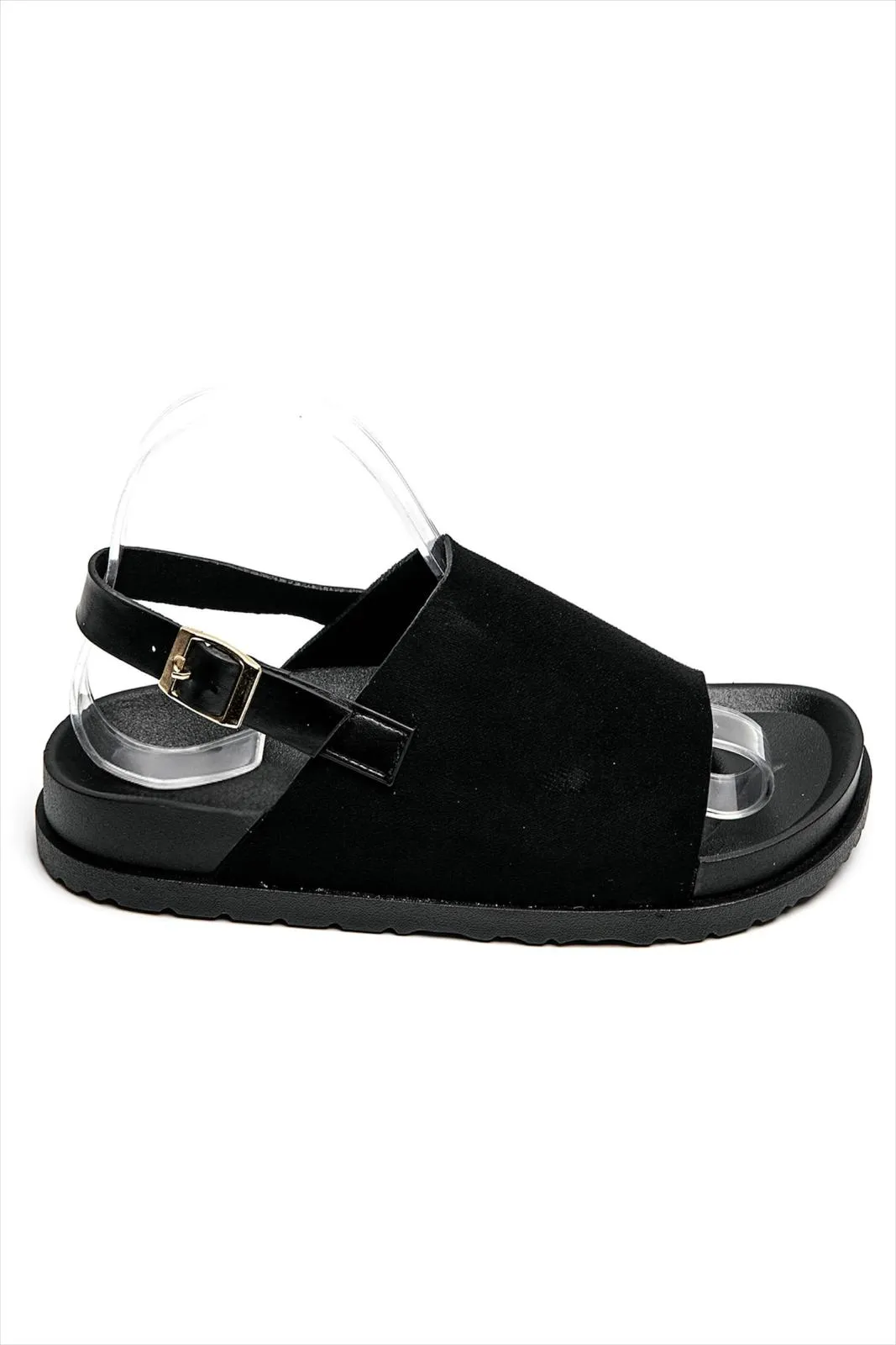 SLINGBACK BUCKLE CLOGS FAUX SUEDE SANDALS IN BLACK