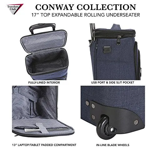 Travelers Club Top Expandable  50% Capacity Luggage with USB Port, Navy Blue, 17" Underseat Carry-On