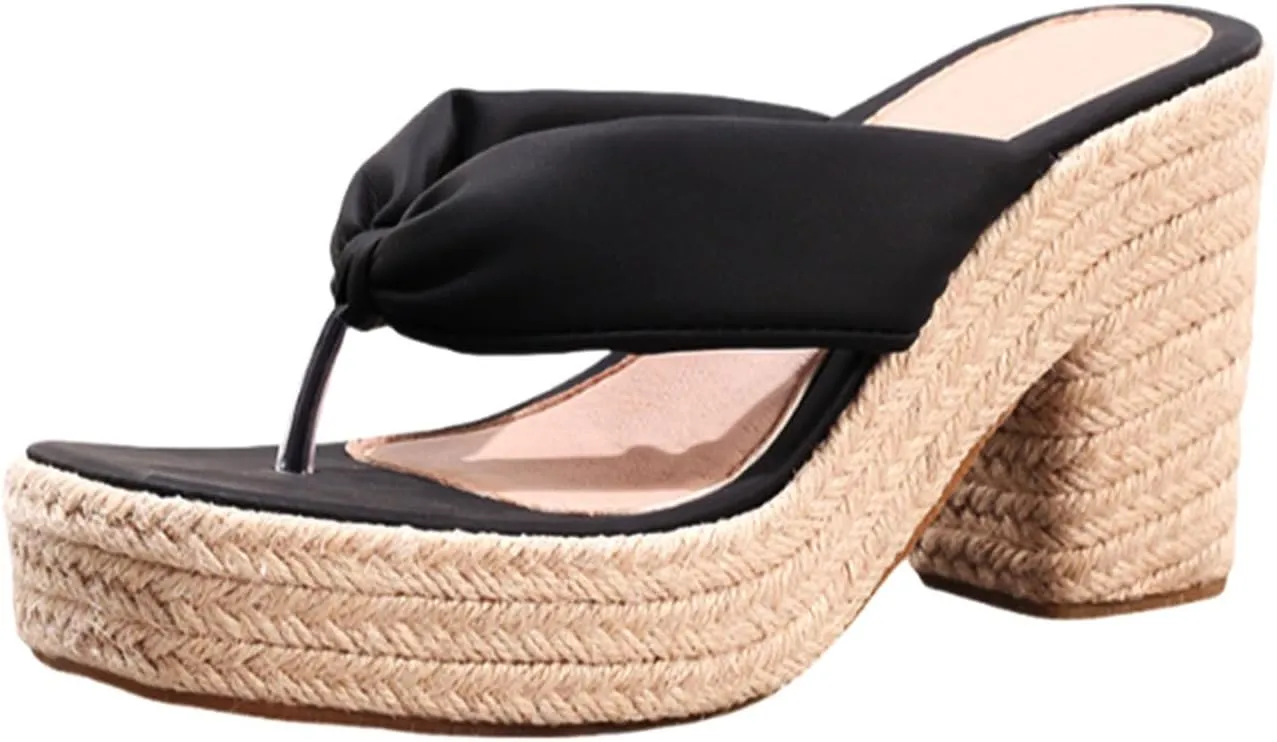 Women's Espadrillles Platform Flip Flops Chunky High Heels Slip On Straw Raffia Woven Thong Slides Sandals Bohemia Summer Beach Casual