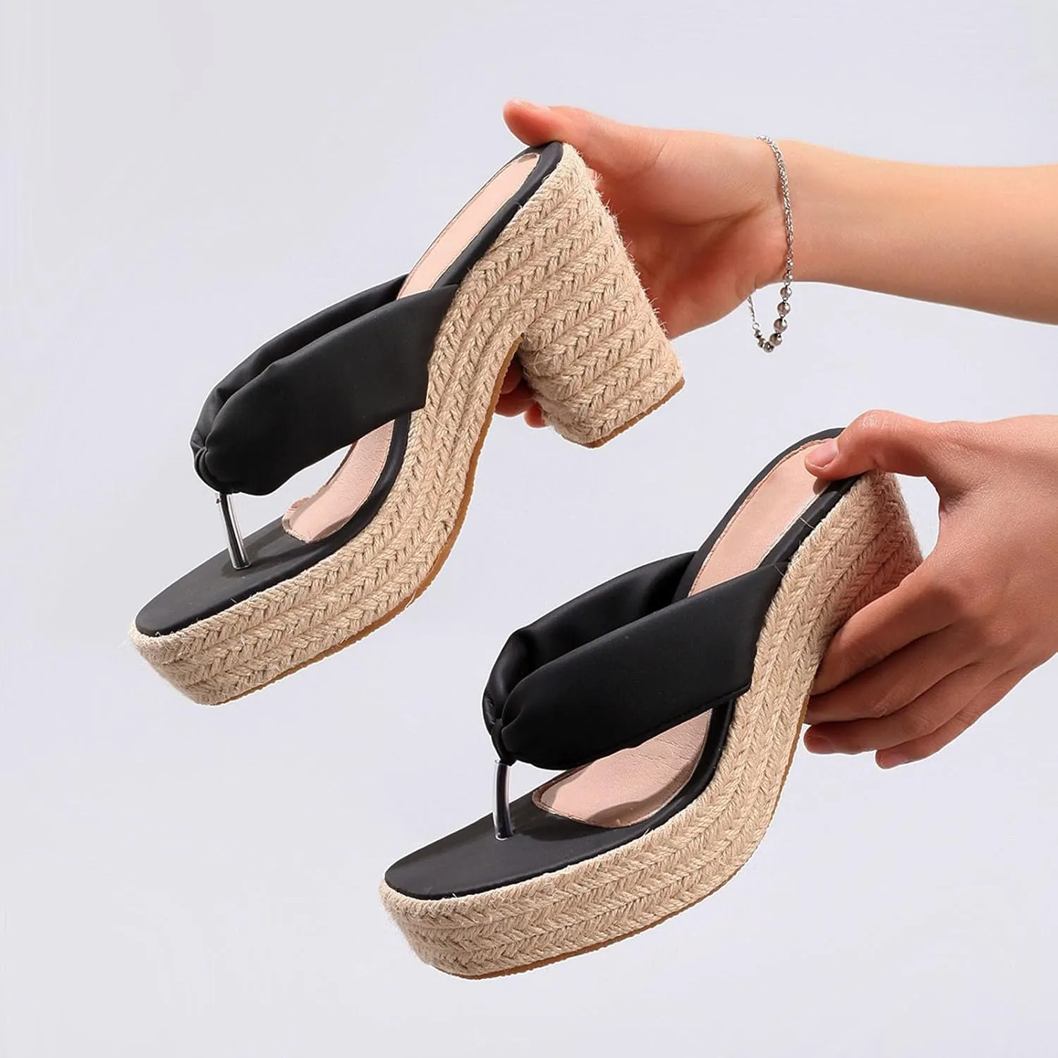 Women's Espadrillles Platform Flip Flops Chunky High Heels Slip On Straw Raffia Woven Thong Slides Sandals Bohemia Summer Beach Casual