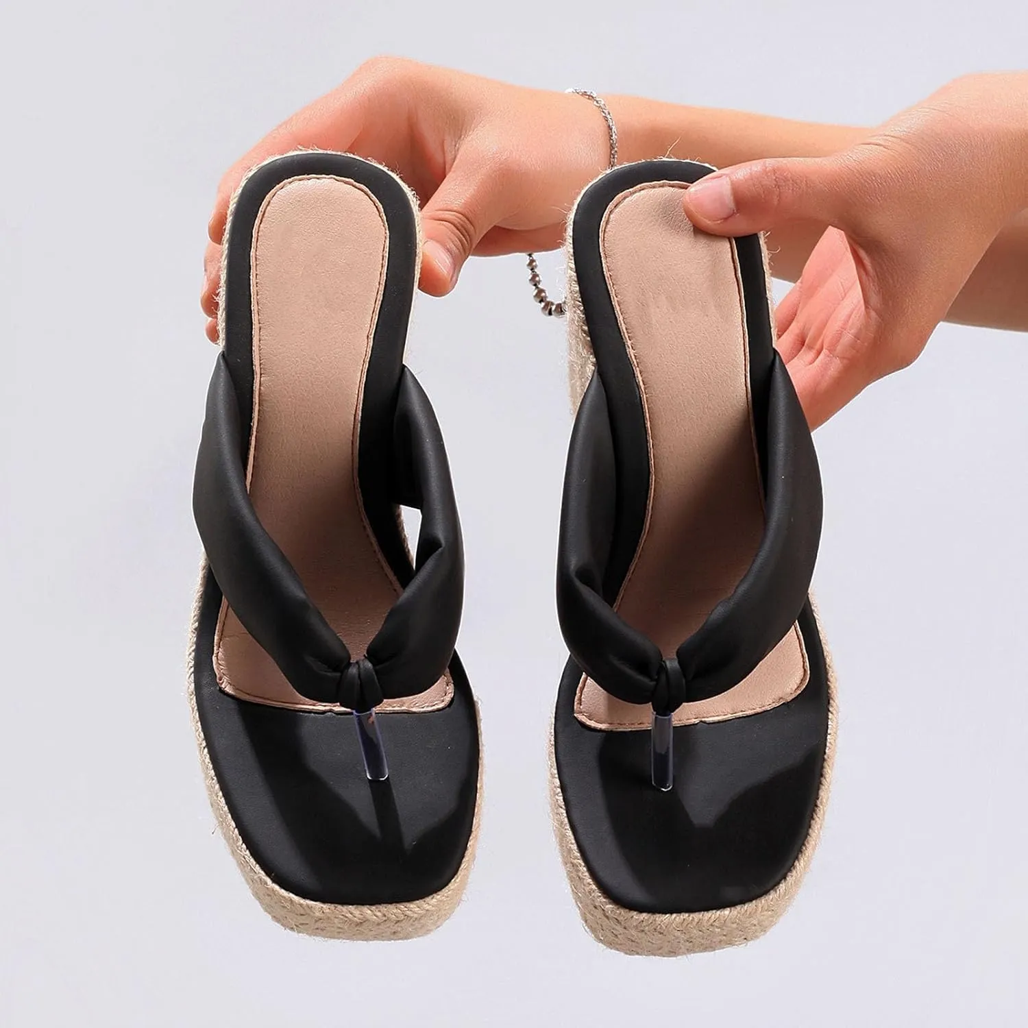 Women's Espadrillles Platform Flip Flops Chunky High Heels Slip On Straw Raffia Woven Thong Slides Sandals Bohemia Summer Beach Casual