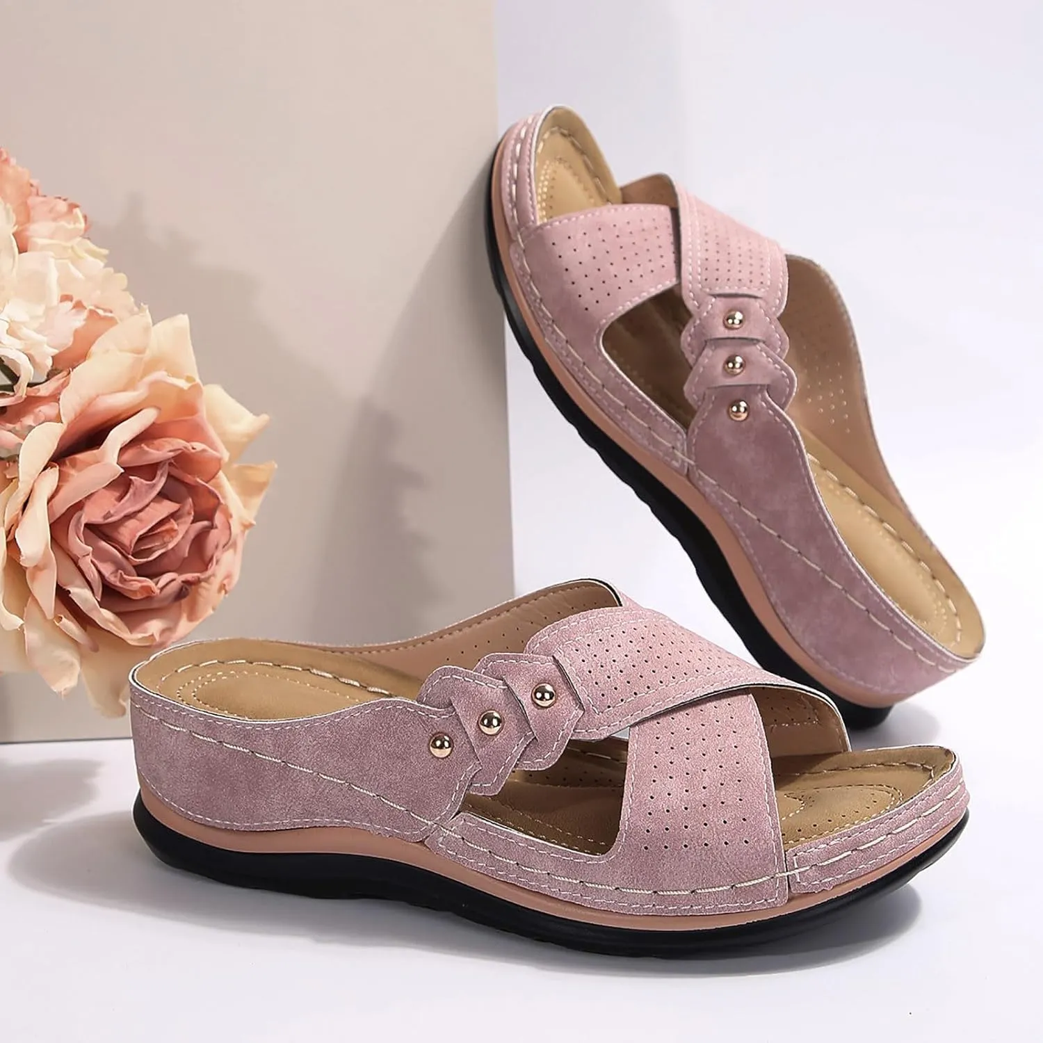 Womens Wedge Sandals Dressy Cross Strap Flowers Slide Platform Sandals Casual Arch Support Slippers Slip On Shoes