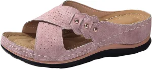Womens Wedge Sandals Dressy Cross Strap Flowers Slide Platform Sandals Casual Arch Support Slippers Slip On Shoes