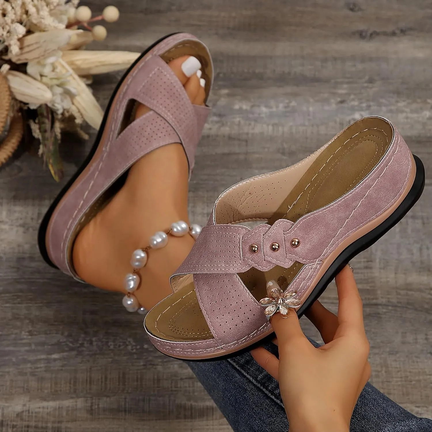 Womens Wedge Sandals Dressy Cross Strap Flowers Slide Platform Sandals Casual Arch Support Slippers Slip On Shoes