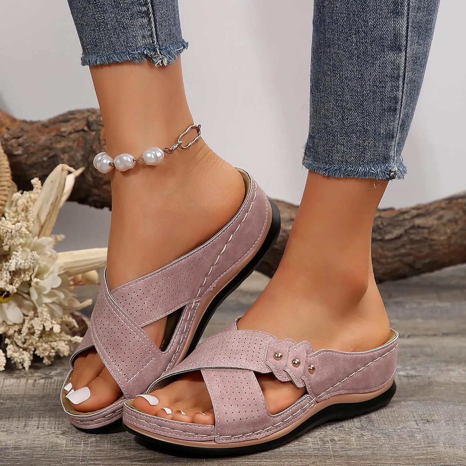 Womens Wedge Sandals Dressy Cross Strap Flowers Slide Platform Sandals Casual Arch Support Slippers Slip On Shoes