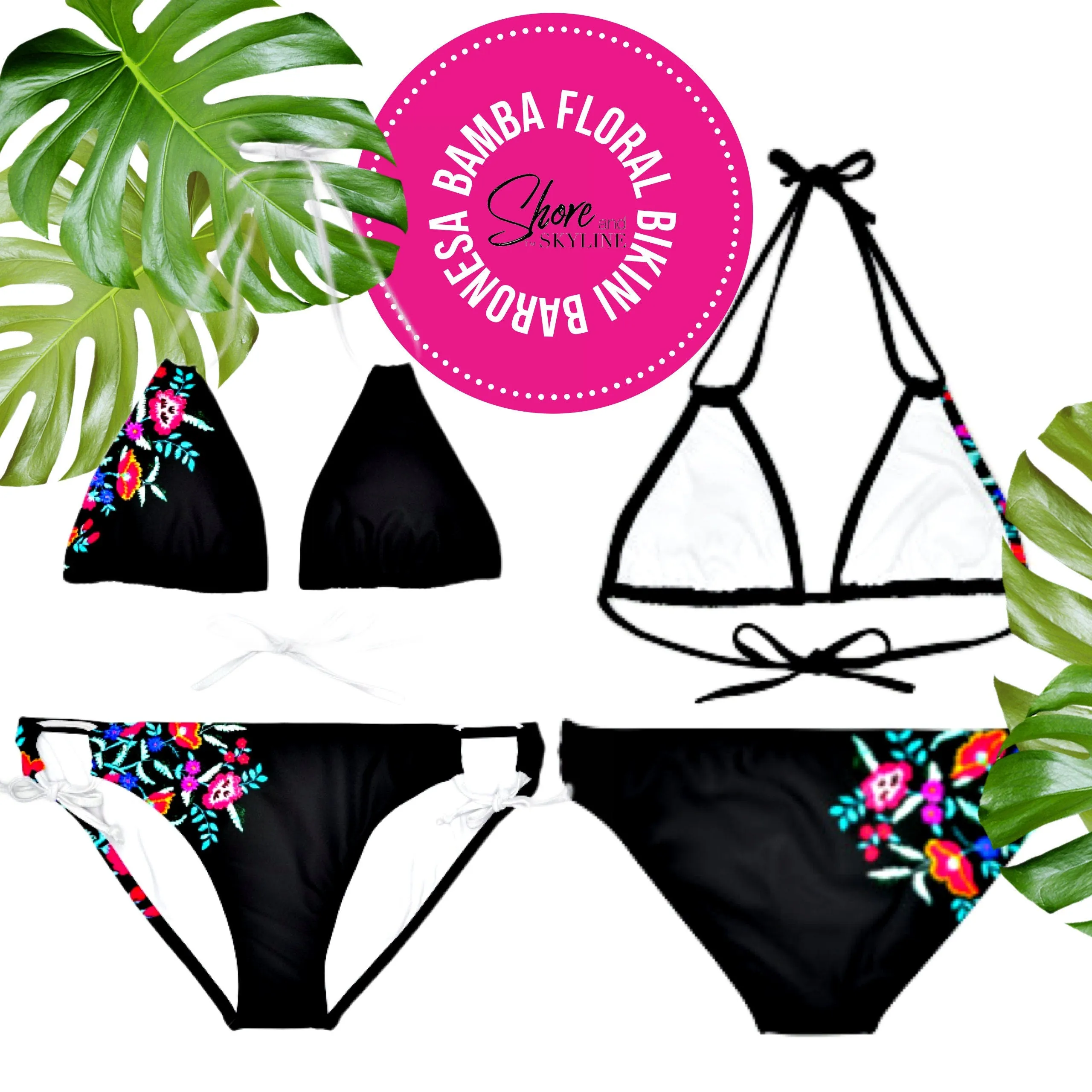 XS - XL Baronesa Bikini in Bamba Floral or Serape Olé stripes   black or white strappy tie swimsuit kayak paddleboard lake beach pool